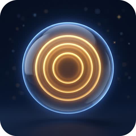 Soft golden rings rippling inside a navy orb — breathing artwork