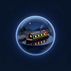 Harbour story artwork — a small golden boat at rest in a navy orb