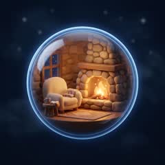 Fireside story artwork — golden embers glowing in a navy orb