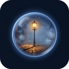 Lamplit street story artwork — a warm golden lamp in a navy orb