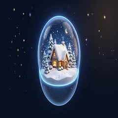 Snowfall story artwork — golden snow drifting in a navy orb