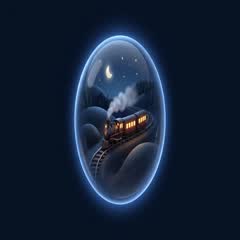Night train story artwork — golden carriage lights in a navy orb